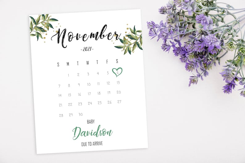 Social Media Baby Announcement Personalized month Baby Due date printable calendar November 2021 Custom PREGNANCY ANNOUNCEMENT Calendar