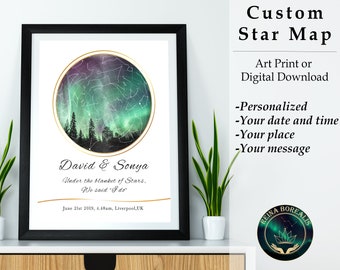 1st Anniversary Custom WEDDING NIGHT SKY star map Print, Paper anniversary gift Ideas for Wife Husband, Engagement Couples gift Prints