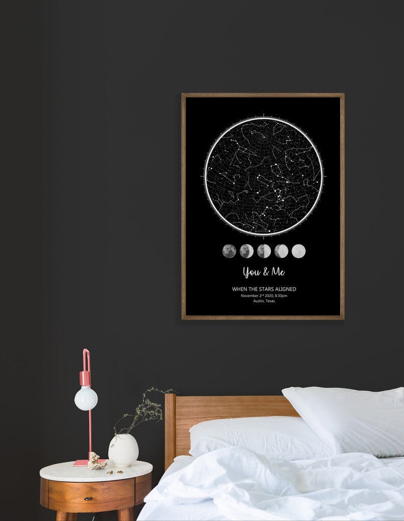 "When we first met" constellation map is the perfect way to memorize and freeze in time how the sky looked when you first met, when you first started dating, when you first kissed, when you got engaged or when you got married.