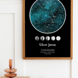 "When you were born" sky map is the perfect gift for new parents, newborn baby gift, coming from hospital gift, birthday gift, baptism gift or any other special moment you would like to freeze in time. The color shown here is the Blue Sky.
modern minimalist star map print
black and white constellation art
framed star map wall decor
digital download night sky map
astronomy wall art for living room
celestial wall print
northern lights star map design
elegant star chart
digital printable star map
