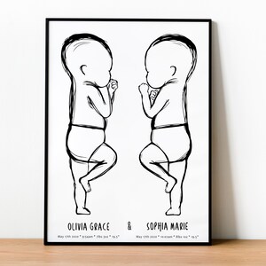 ZWILLINGE GEBURTSPOSTER im Maßstab 1:1, Baby Skizze, Neugeborenen Druck, Baby Geburt Wandkunst, Personalisiertes Baby Poster, Muttertag Geschenk, Geschwister
