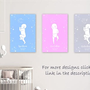 May include: Three baby nursery prints with a constellation design. The prints are in blue, pink, and gray with white outlines of a baby in a fetal position. The prints include the names "Kyic Orion", "Avis Callista", and "Arsher Grayson".