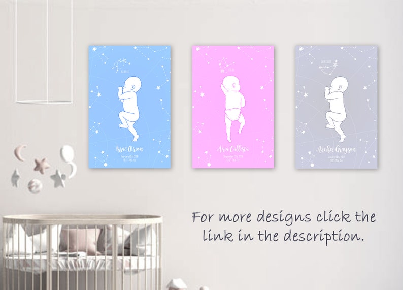May include: Three baby nursery prints with a constellation design. The prints are in blue, pink, and gray with white outlines of a baby in a fetal position. The prints include the names "Kyic Orion", "Avis Callista", and "Arsher Grayson".