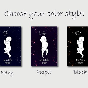 May include: Three different color options for a baby's constellation print. The print features a baby in a star-filled night sky with a constellation above the baby. The colors are navy, purple, and black.