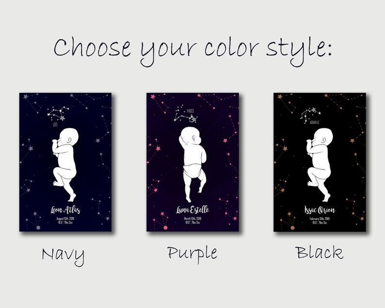 May include: Three different color options for a baby's constellation print. The print features a baby in a star-filled night sky with a constellation above the baby. The colors are navy, purple, and black.