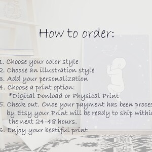 May include: How to order a personalized illustration print. Choose a color style, illustration style, and add your personalization. Select a digital download or physical print. Once your payment is processed, your print will ship within 24-48 hours.
