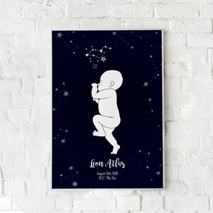 May include: A dark blue poster with a white outline of a baby in a fetal position. The poster features a constellation of stars and the text "Leon Atlas, August 03rd, 2019, 13.5", 7lbs 2oz."