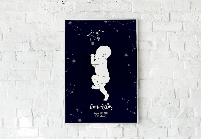May include: A dark blue poster with a white outline of a baby in a fetal position. The poster features a constellation of stars and the text "Leon Atlas, August 03rd, 2019, 13.5", 7lbs 2oz."
