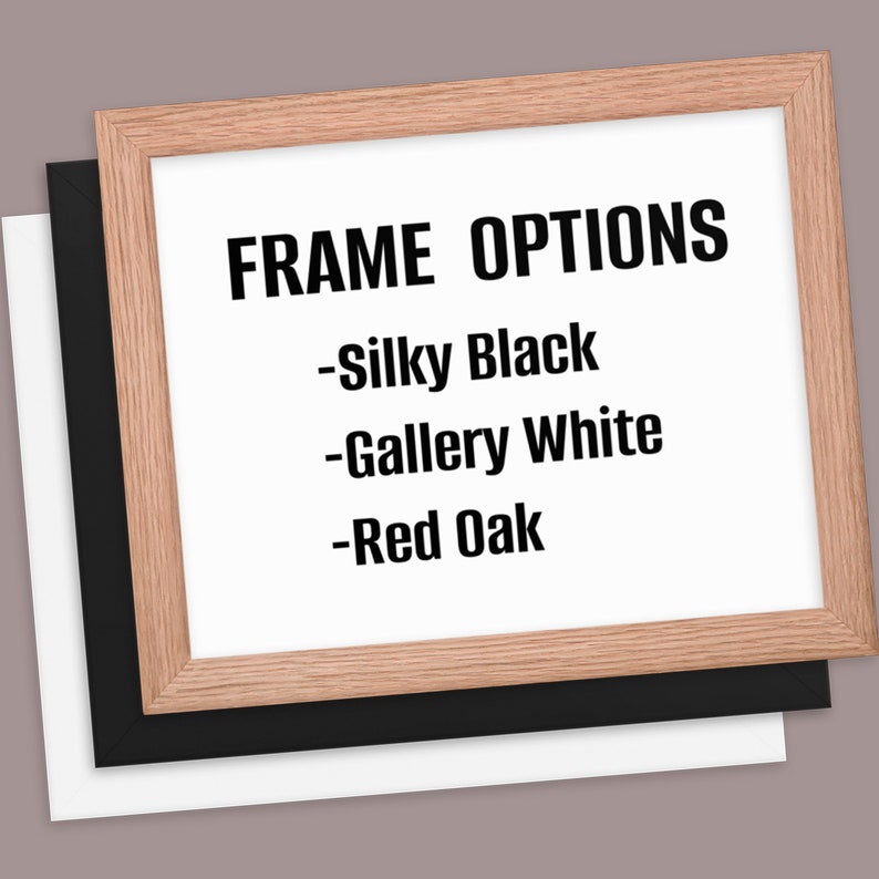 This image showcases the frame options we offer for our prints: Silky Black, Gallery White and Red Oak.