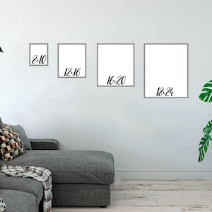 A print size guide comparing the sizes 8x10 in, 12x16in, 16x20 in and 18x24 in.