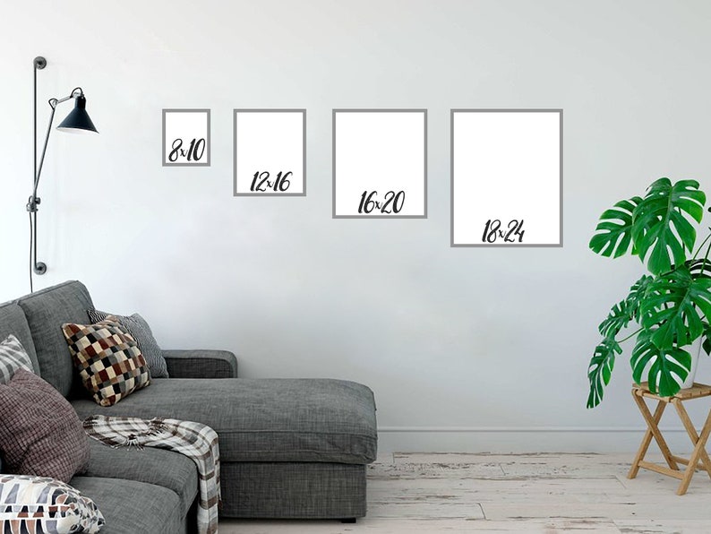 A print size guide comparing the sizes 8x10 in, 12x16in, 16x20 in and 18x24 in.