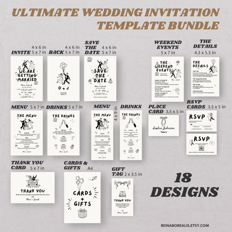 Fun Illustrated Wedding Invitation Template Bundle, 18 Editable Canva ...