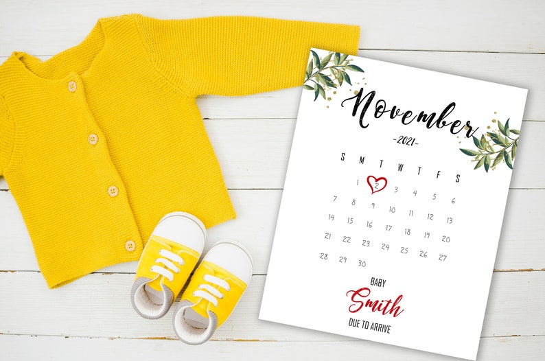 Social Media Baby Announcement Personalized month Baby Due date printable calendar November 2021 Custom PREGNANCY ANNOUNCEMENT Calendar