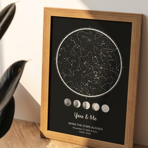 A personalized star map/constellation map/map of the night sky from any special moment in your life such as: When we met, When we first kissed, When we said "I do", When the stars aligned, When you were born, When you were baptized and more.
custom star map wedding night
the night we met star chart
personalized anniversary star print
couples constellation map
wedding day night sky poster
first date, our first kiss star chart
anniversary gift for husband wife
romantic keepsake