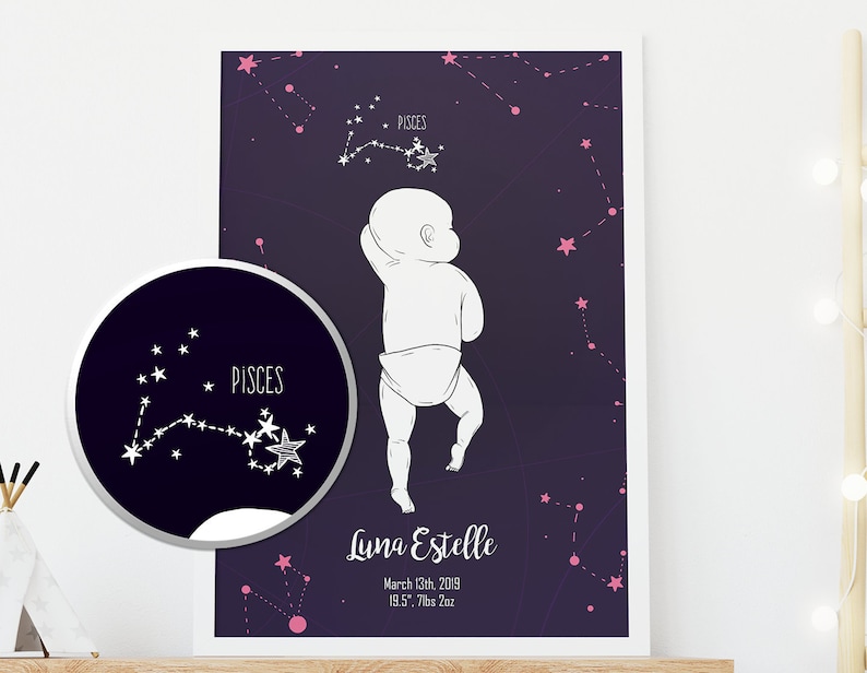 May include: A dark purple background with pink stars and a white outline of the constellation Pisces. The constellation is labeled "PISCES". A white outline of a baby is standing in the center of the image. The baby's name, birth date, and birth weight are written below the baby. The text reads "Luna Estelle, March 13th, 2019, 19.5", 7lbs 2oz"
