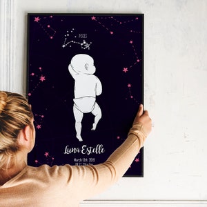 May include: A black framed poster with a dark blue background and pink stars. The poster features a white outline of a baby standing with the constellation Pisces above the baby. The text on the poster reads "Luna Estelle, March 8th, 2019, 8:11 PM, Pisces".