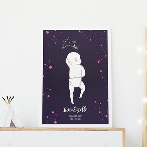 May include: A dark purple poster with a white silhouette of a baby reaching for a pink constellation of stars. The constellation is labeled "Pisces". The poster also includes the name "Luna Estelle", the date "March 03, 2019", and the time "08:57 pm EST".