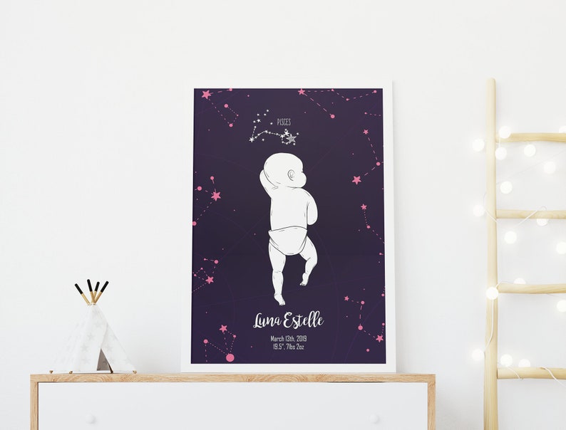 May include: A dark purple poster with a white silhouette of a baby reaching for a pink constellation of stars. The constellation is labeled "Pisces". The poster also includes the name "Luna Estelle", the date "March 03, 2019", and the time "08:57 pm EST".