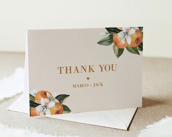 Citrus Thank You Card Template, Folded & Flat Thank You Note, Orange Blossom Wedding, Bridal Shower or Baby Shower, Corjl #017-206TYC