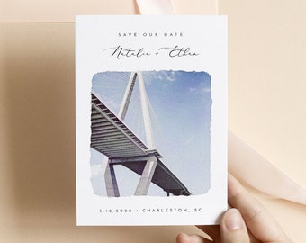 Charleston Save The Date Postcard Template,  Ravenel Bridge, Wedding Date Announcement, 100% Editable, Instant Download, Corjl #016-216SD