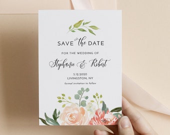 Modèle Save The Date, Mariage floral pêche imprimable Save the Date Card, Texte modifiable, Téléchargement instantané, Corjl, 4x6 #003-203SD