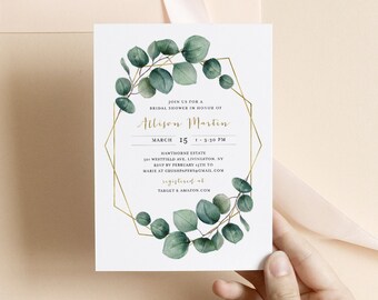 Eucalyptus Bridal Shower Invitation Template, Greenery Couples Shower Invite, 100% Editable Text, Instant Download, DIY, Corjl #011-211BS