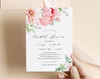 Bridal Shower Invitation Template, Elegant Romantic Blush Florals, Printable Wedding Shower Invite, Editable Couples Shower, Corjl 009-213BS