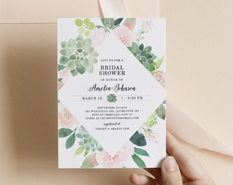 Succulent Bridal Shower Invitation Template, Greenery & Blush Florals, Wedding Shower, Editable Text, Instant Download, Corjl #001-202BS