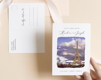 Paris Save The Date Template, Eiffel Tower Wedding Date Announcement Postcard, 100% Editable, Printable, Instant Download, Corjl #016-214SD