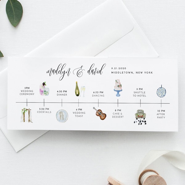 Wedding Timeline and Welcome Letter, Watercolor Illustrations, 100% Editable Template, Wedding Itinerary, INSTANT DOWNLOAD, Corjl #010-201TL