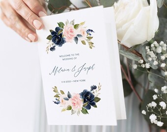 Wedding Program Template, Printable Folded Program, Order of Service, Navy & Blush Wedding Ceremony, INSTANT DOWNLOAD, Corjl #002-401WP