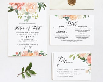 Modèle de jeu de faire-part de mariage floral pêche, texte modifiable, invitation de verdure bohème imprimable, détails, RSVP, TÉLÉCHARGEMENT IMMÉDIAT, Corjl #003A