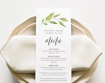 Greenery Wedding Menu Template, Printable Dinner Menu Card, Boho Bridal Shower Menu, 100% Editable Text, INSTANT DOWNLOAD #003-204WM