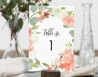 Peach Floral Table Number Card Template, Printable Wedding Table Seating, Boho Greenery, Editable, Instant Download, Corjl, 4x6 #003-203TC