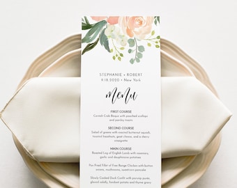 Modèle de menu de mariage Boho, pêche florale et verdure, menu de dîner imprimable, menu de douche nuptiale, texte modifiable, TÉLÉCHARGEMENT INSTANTANÉ #003-203WM