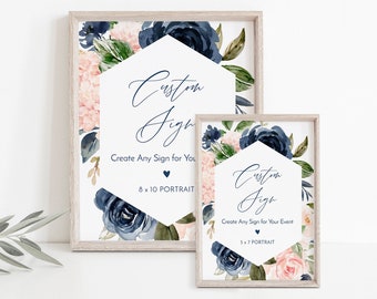 Navy & Blush Custom Sign Template, Create Any Sign for Wedding, Bridal Shower, Baby Shower, INSTANT DOWNLOAD, Corjl, 5x7 or 8x10 #002-204CS