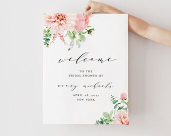 Floral Welcome Sign Template, Spring Wedding, Baby or Bridal Shower Sign, Boho Flowers, 100% Editable, Instant Download, Corjl #009-207LS