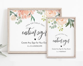 Custom Sign Template, Create Unlimited Signs for Wedding, Bridal Shower, Baby Shower, Floral Greenery, INSTANT DOWNLOAD, Corjl #003-205CS