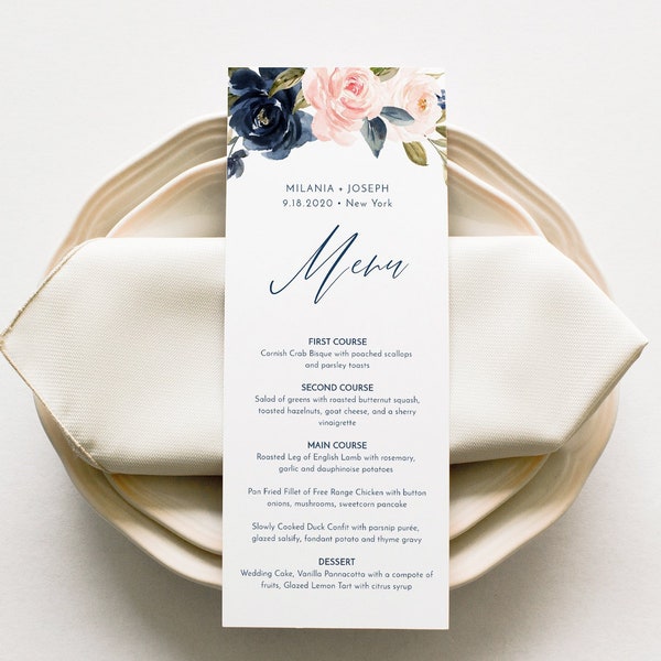 Modèle de menu, Boho Navy et Blush Florals, Menu de mariage imprimable, Menu de douche nuptiale DIY, Texte 100 % modifiable, TÉLÉCHARGEMENT INSTANTANÉ #002-202WM