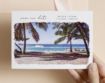 Modèle de carte postale réservez la date de plage, faire-part de date de mariage à destination, tropical, 100 % modifiable, téléchargement immédiat, Corjl #016-219SD