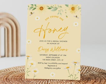 Bee Bridal Shower Invitation, She Found Her Honey Bridal Invite, Bumblebee, Sweet, Honeycomb, CANVA Template, Instant Download #026-102BS