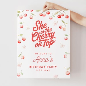 Cherry Birthday Welcome Sign, Birthday Party Poster, She&#39;s the Cherry on Top, CANVA Template, Instant Download, 16x20, 18x24, 24x36 #028LS