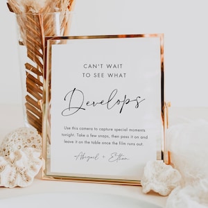 May include: A gold-framed sign with the text "CAN'T WAIT TO SEE WHAT Develops." The sign includes instructions for using a camera to capture special moments and is signed "Abigail + Ethan."