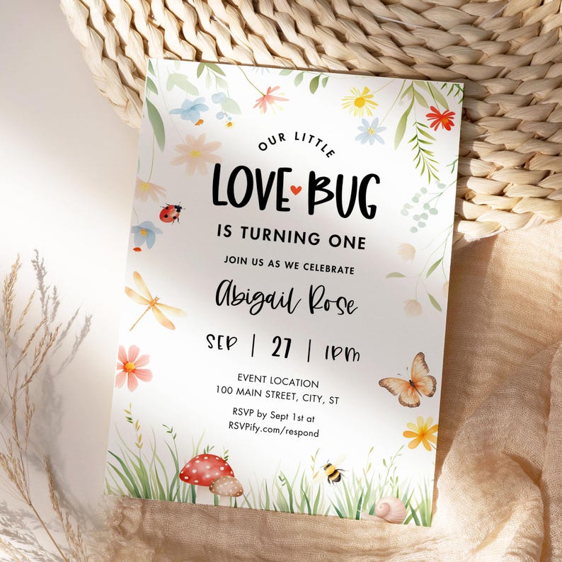 Love Bug Birthday Party Invitation, Cute Garden Birthday Invite ...