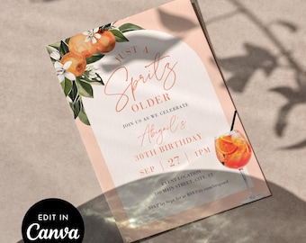 Inbjudan till Spritz-födelsedagsfest för äldre, Aperol Spritz-cocktailinbjudan, apelsin, sommarbrunch, CANVA-mall, direktnedladdning #017BD