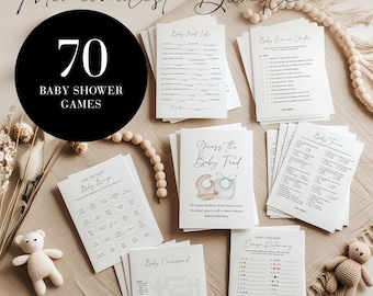 May include: A set of 70 printable baby shower games in a minimalist style. The games include "Baby Word Like", "Baby Onesie", "Find the Guest", "Baby Bingo", "Guess the Baby Food", "Baby Crossword", "Baby Trivia", and "Emoji Dictionary".