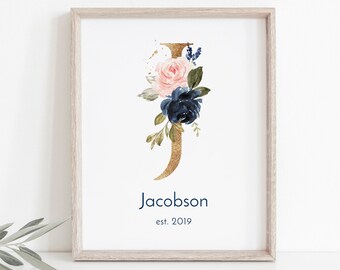 Monogramme J, impression nom de famille modifiable, art mural nom de bébé, cadeau personnalisé, décoration de bureau, fleurs bleu marine et rose poudré, TÉLÉCHARGEMENT IMMÉDIAT #002M-J