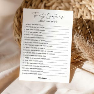 Twenty Questions About the Bride, Minimalist Bridal Shower Game, CANVA Editable Template, Printable, Instant Download, 5x7 #030BRG14