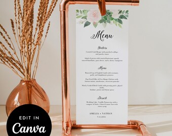 Wedding Menu Template, Succulent and Blush Florals, Printable Bridal Shower Dinner Menu, Editable in Canva, Instant Download 5x7 4x9 #001MU
