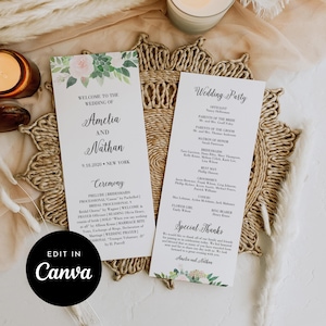 Wedding Program Template, Printable, Order of Service, Succulent Greenery Blush Floral, Editable in CANVA, Instant Download, 4x9 #001WP